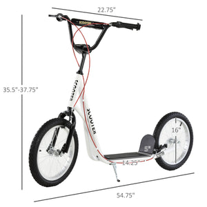 Scooter with 16-inch inflatable wheels and double brakes, white