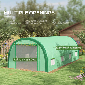 Improved tunnel greenhouse with wind resistance, mesh door and windows, green