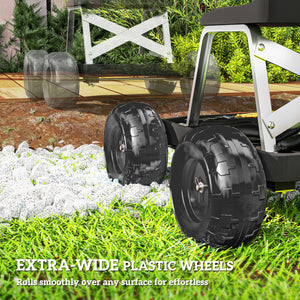 Rolling garden stool with integrated tool tray