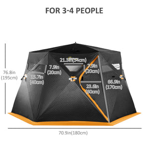 Insulated ice fishing shelter for 4 people, portable and foldable with carry bag and two doors, for temperatures down to -30°C, black