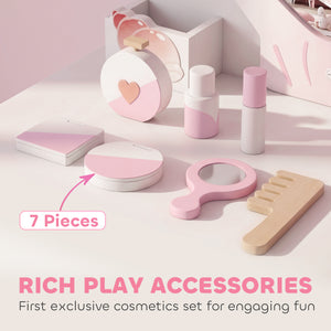 Children's vanity with light-up mirror, stool and 7 accessories, pink