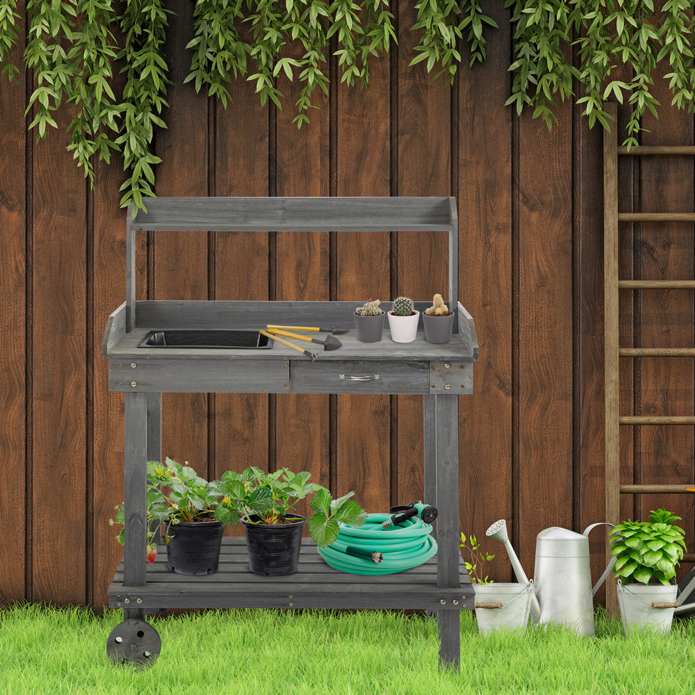 Wooden potting table with 2 removable casters, grey