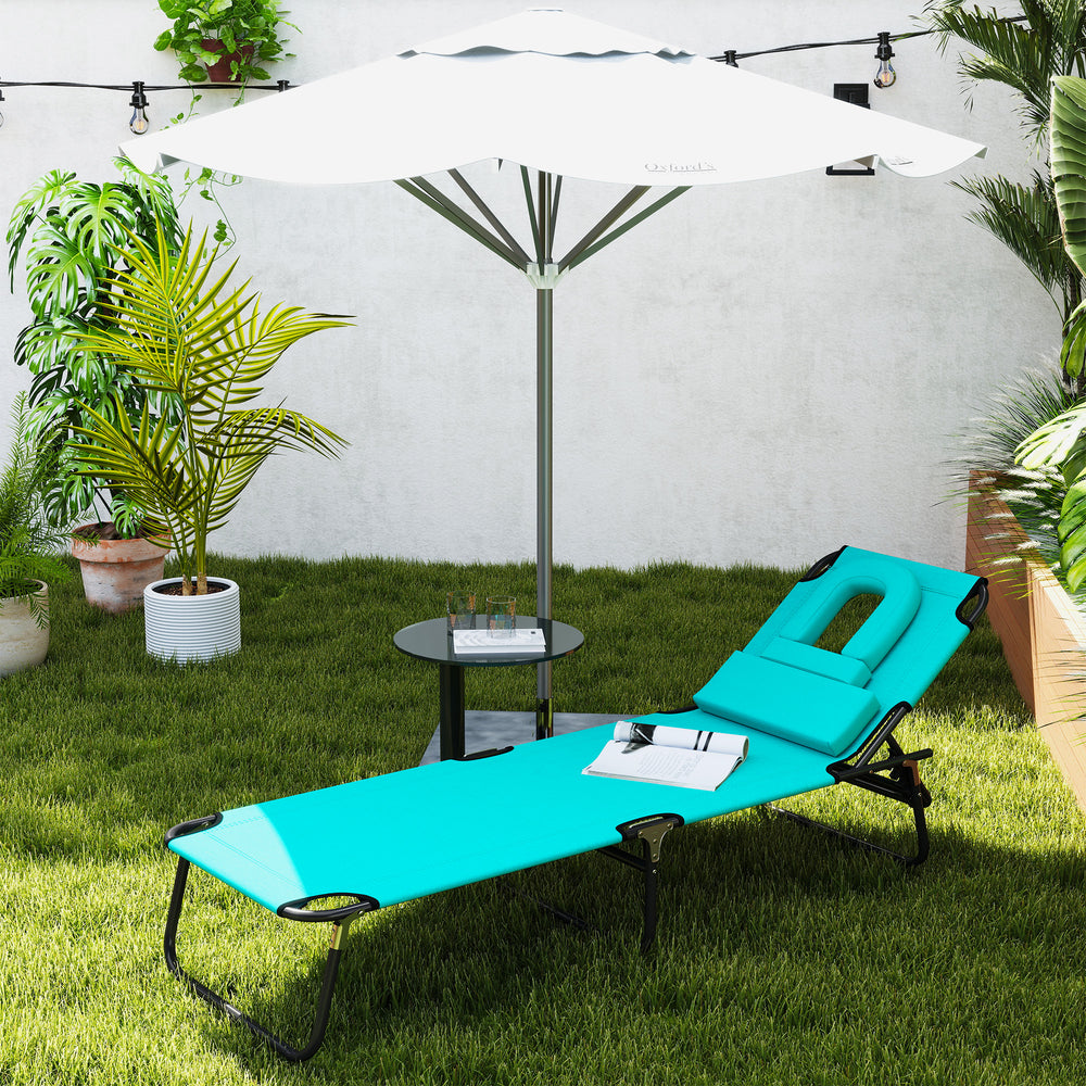 Reclining folding outdoor chaise lounge with face opening, removable cushion, 3-position adjustable backrest, green
