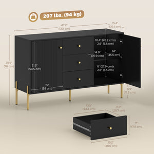 Modern storage sideboard with 3 soft-close drawers and 2 shelves, Black