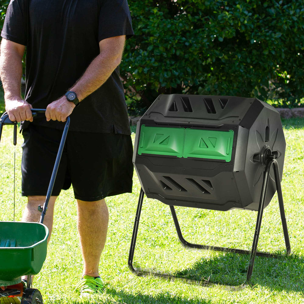 Rotating composter with double chamber, 360° rotation, green