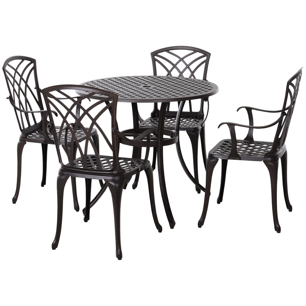 Ensemble de salle à manger d’extérieur 5 pièces en fonte d’aluminium marron avec table, 4 chaises et trou pour parasol – mobilier de patio élégant et résistant