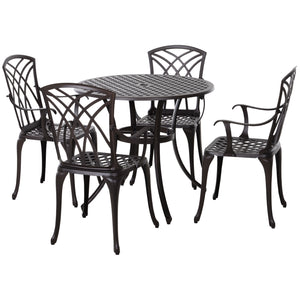 5-Piece Outdoor Dining Set, Cast Aluminum Patio Table and Chairs with Umbrella Hole, Brown