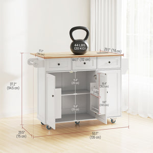 White mobile kitchen island with fold-down countertop, electrical outlets and 3 drawers