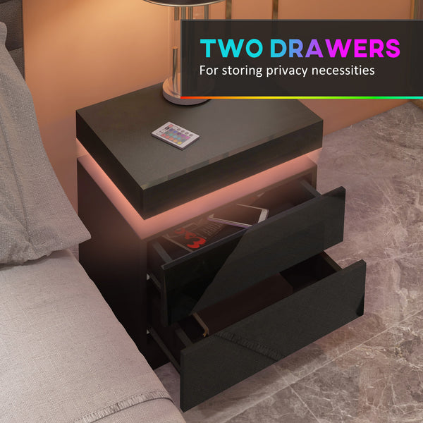 Bedside table with LED lighting and 2 drawers, black