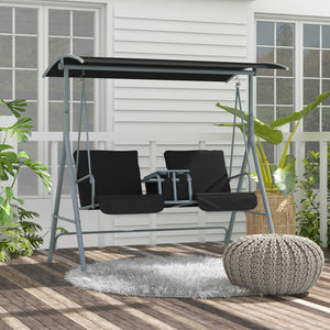 Two-seater swing with adjustable canopy and table, black