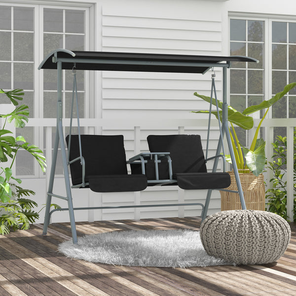 Two-seater swing with adjustable canopy and table, black