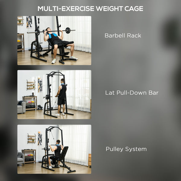 Multifunctional weight cage with adjustable bench, dumbbell bar and 15-level squat rack