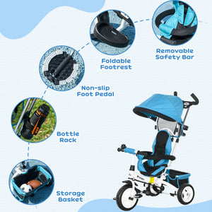 6 in 1 Tricycle with Basket, Canopy, 5-Point Safety Harness, Blue