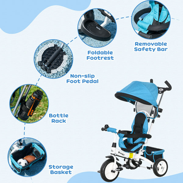 6 in 1 Tricycle with Basket, Canopy, 5-Point Safety Harness, Blue