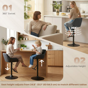 Set of 2 swivel bar stools, counter height, with backrest, footrest, armrests and adjustable height, black.