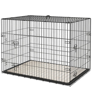 35" Dog Crate with 2 Doors, Folding Metal Dog Cage with Soft Cushion, Removable Tray, Handle, Black