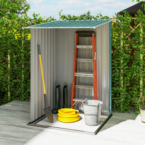 Lean-to garden shed in galvanized steel with lockable door, green