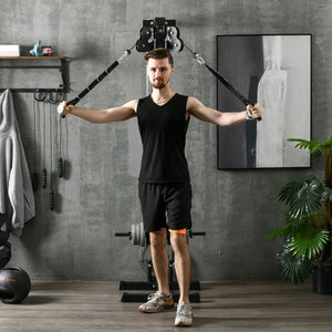 Wall-mounted dual pulley weight station, adjustable to 15 positions