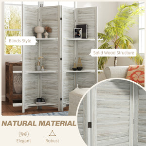 4-Panel Room Divider with 3 Storage Shelves, Distressed White