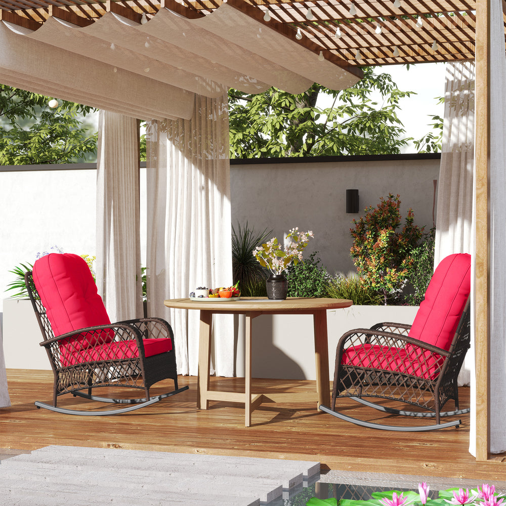 Set of 2 Outdoor Wicker Rattan Rocking Chairs with Thick Cushions, Red