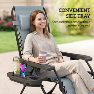 Set of 2 Zero Gravity Outdoor Lounge Chairs, Folding and Reclining, with Cup Holder and Headrest, Light Grey