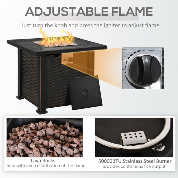 30 Inch Outdoor Gas Fire Pit Table, 50000 BTU Wicker Auto Ignition Propane Fire Table with Lid, Lava Rocks and Cover, CSA Certification for Patio
