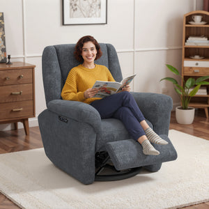 Electric reclining chair, fabric upholstery, USB ports, swivel and rocking function, footrest, dark grey