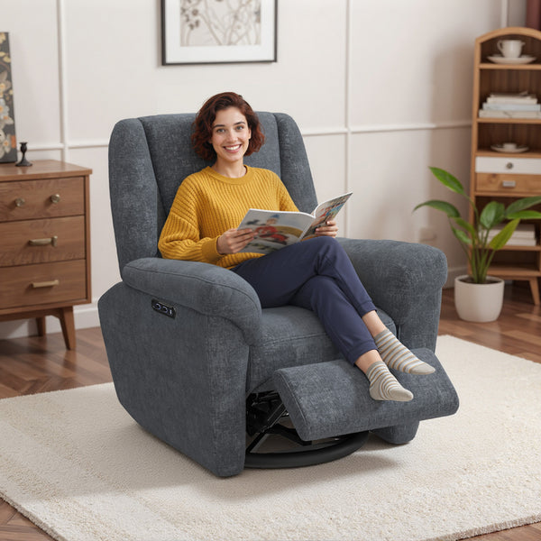 Electric reclining chair, fabric upholstery, USB ports, swivel and rocking function, footrest, dark grey