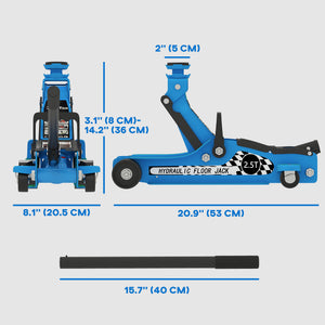 2.5-ton ultra-low profile hydraulic jack, blue, with lifting range up to 14.1 in, blue