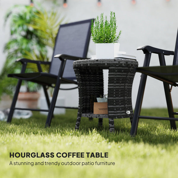 18" Wicker Outdoor Coffee Table, PE Rattan Patio Side Table with 2-Tier Storage, Composite Wood Top, Grey