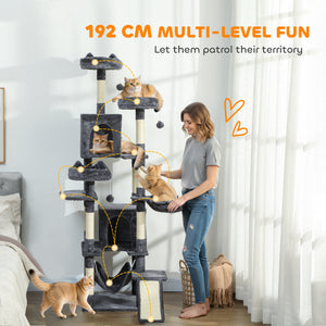 193cm Large Cat Tree for Indoor Cats with 8 Scratching Posts, 3 Soft Beds, 2 Hammocks, 2 Large Shelters and a Ramp, Dark Grey