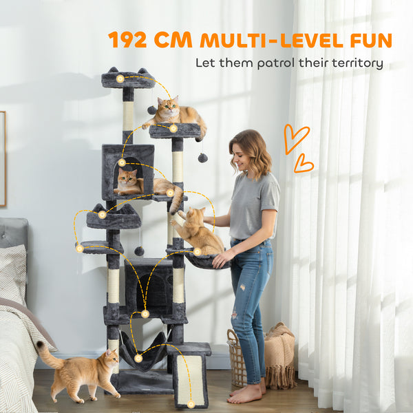 193cm Large Cat Tree for Indoor Cats with 8 Scratching Posts, 3 Soft Beds, 2 Hammocks, 2 Large Shelters and a Ramp, Dark Grey