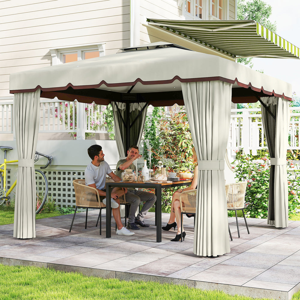 10' x 10' Outdoor Patio Gazebo Double Soft-top Garden Shelter Tent with Curtains, & Mesh Screen Drapes, Cream White