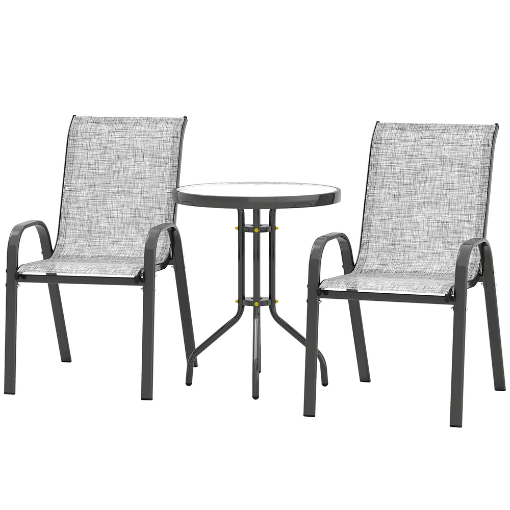3 Pieces Bistro Set, Small Patio Furniture Set with Stackable Mesh Chairs, Glass Table for Garden, Balcony, Grey
