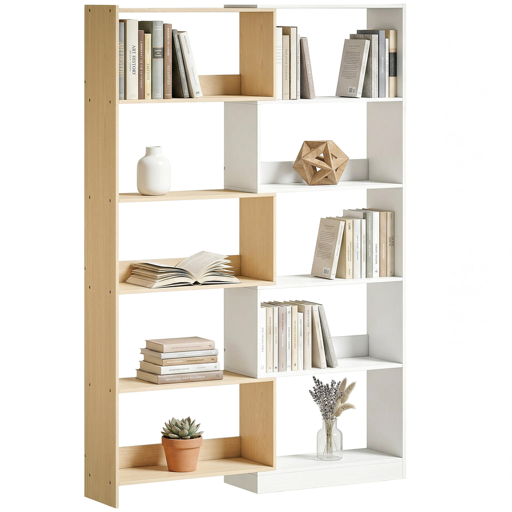 5-tier L-shaped bookcase with 350° rotation, two-tone design, fruitwood/white