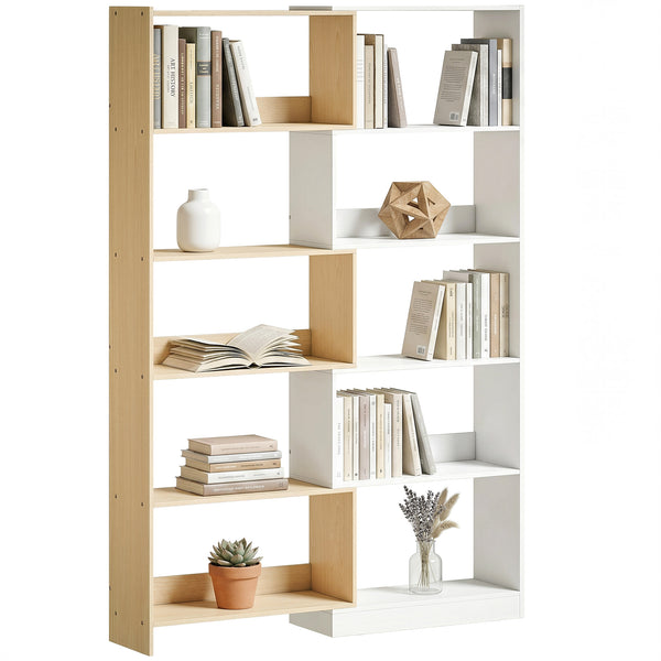 5-tier L-shaped bookcase with 350° rotation, two-tone design, fruitwood/white