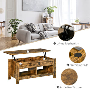 Lift-top coffee table with hidden storage compartment and open shelves, brown