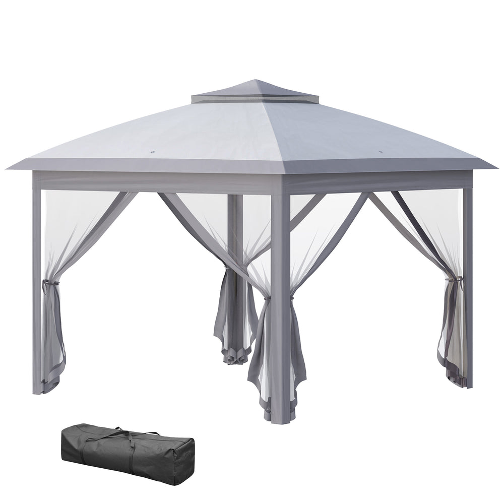 11' x 11' Folding Gazebo, Double-Fly Pop-Up Tent with Zippered Mesh Sidewalls, Adjustable Height and Carry Bag, Gray