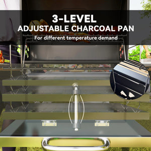 Charcoal barbecue on wheels with adjustable charcoal tray