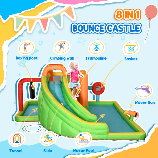 8-in-1 Inflatable Castle for Kids, Includes Slide, Trampoline, Pool, Water Gun, Target Ball, Boxing, Tunnel with Carry Bag, 750W Blower