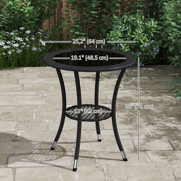 Outdoor rattan dining table with 2-tier storage shelf, black