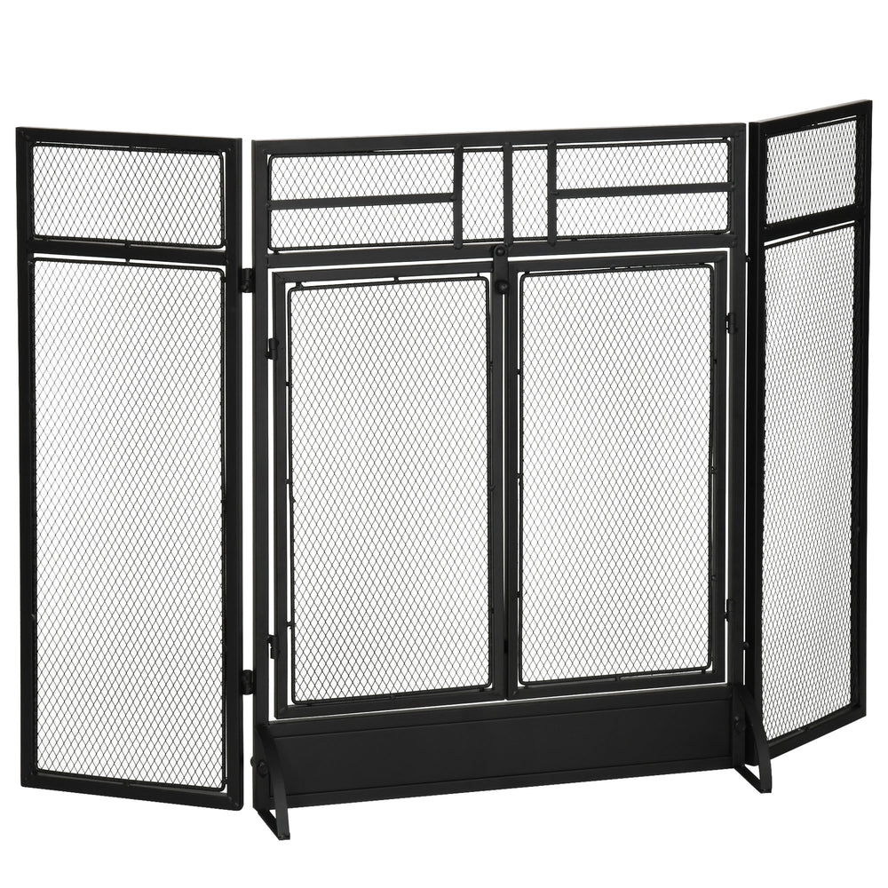 Decorative 3-panel steel mesh fire screen with double doors, black