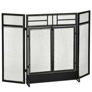 Decorative 3-panel steel mesh fire screen with double doors, black