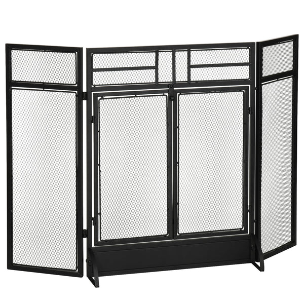 Decorative 3-panel steel mesh fire screen with double doors, black