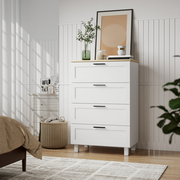 4-drawer chest of drawers for bedroom with solid wood legs, Colour: white.
