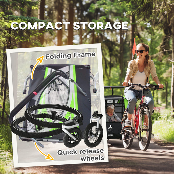 3-in-1 bike trailer with 5-point harness, storage, green