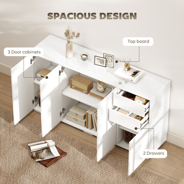 Modern kitchen buffet with push-to-open mechanism, 2 drawers, and shelves, white.