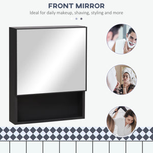 Wall-mounted mirror cabinet with single door, storage shelves and stainless steel frame, black
