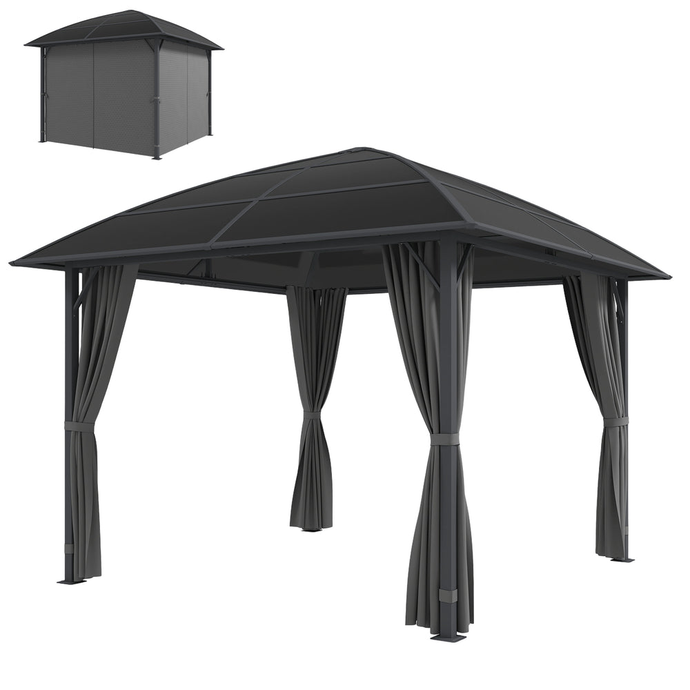 10 ft x 10 ft rigid roof gazebo with steel frame, central hook and curtains, light grey, made of UV50+ anti-polycarbonate.