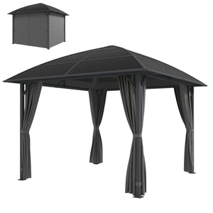 10 ft x 10 ft rigid roof gazebo with steel frame, central hook and curtains, light grey, made of UV50+ anti-polycarbonate.